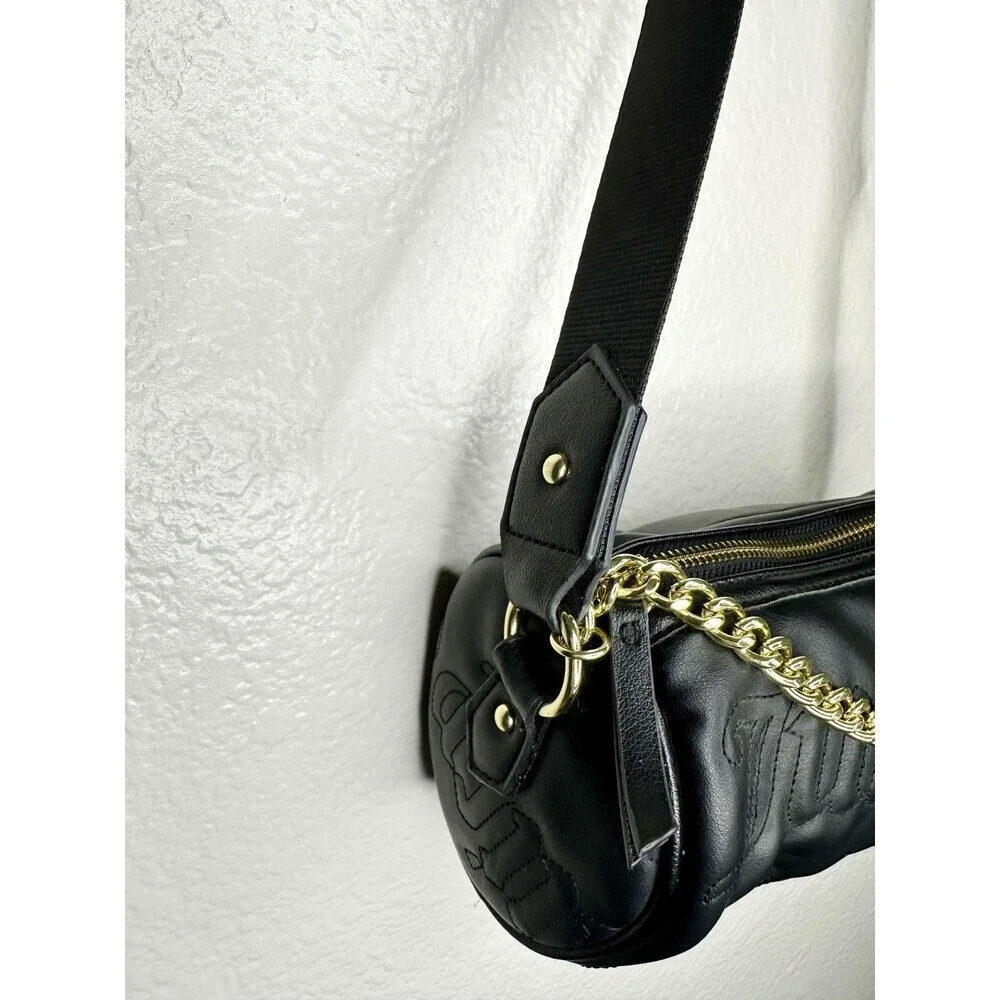 Juicy Couture Crossbody Bag Womens Small Black Faux Leather Chain Logo Barrel